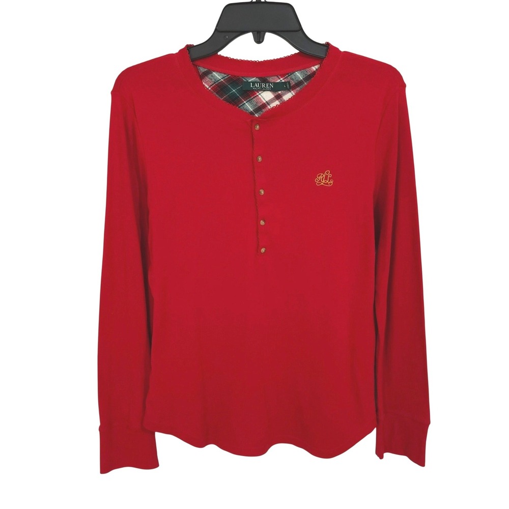 Lauren Ralph Lauren Henley Long Sleeve Monogram Pajama Top Womens Large Red